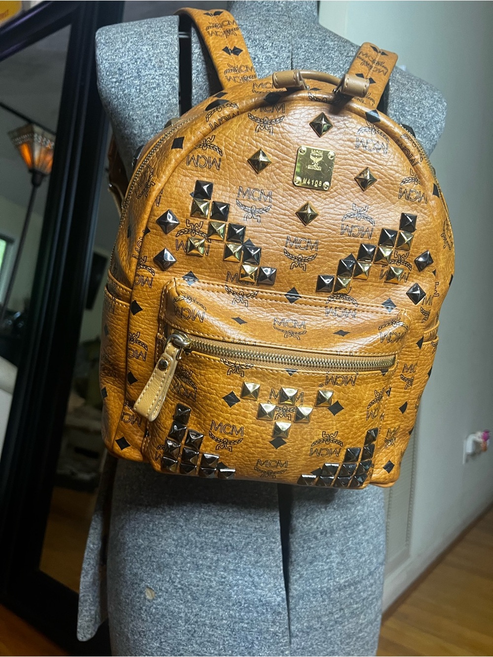 MCM Visetos Cognac Monogram Canvas Studded Small Backpack